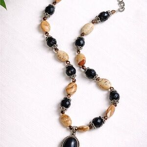 Black and Beige Beaded Pendant Necklace - Elegant Neutral Statement